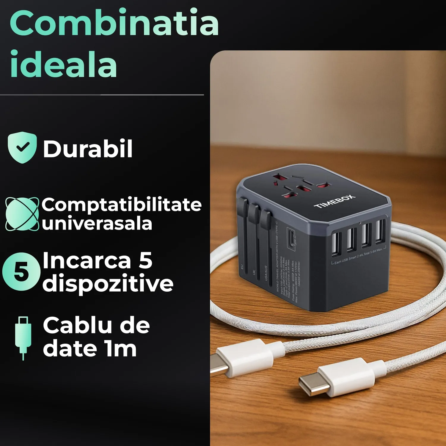 Timebox Travel adaptor universal + cablu USB-C 66W 1m alb