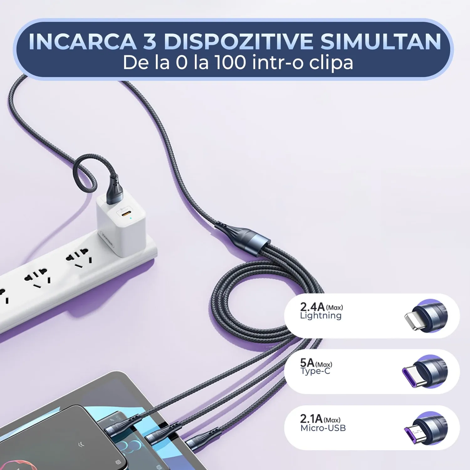 Timebox cablu incarcare 3 in 1 40W 1,2m Albastru