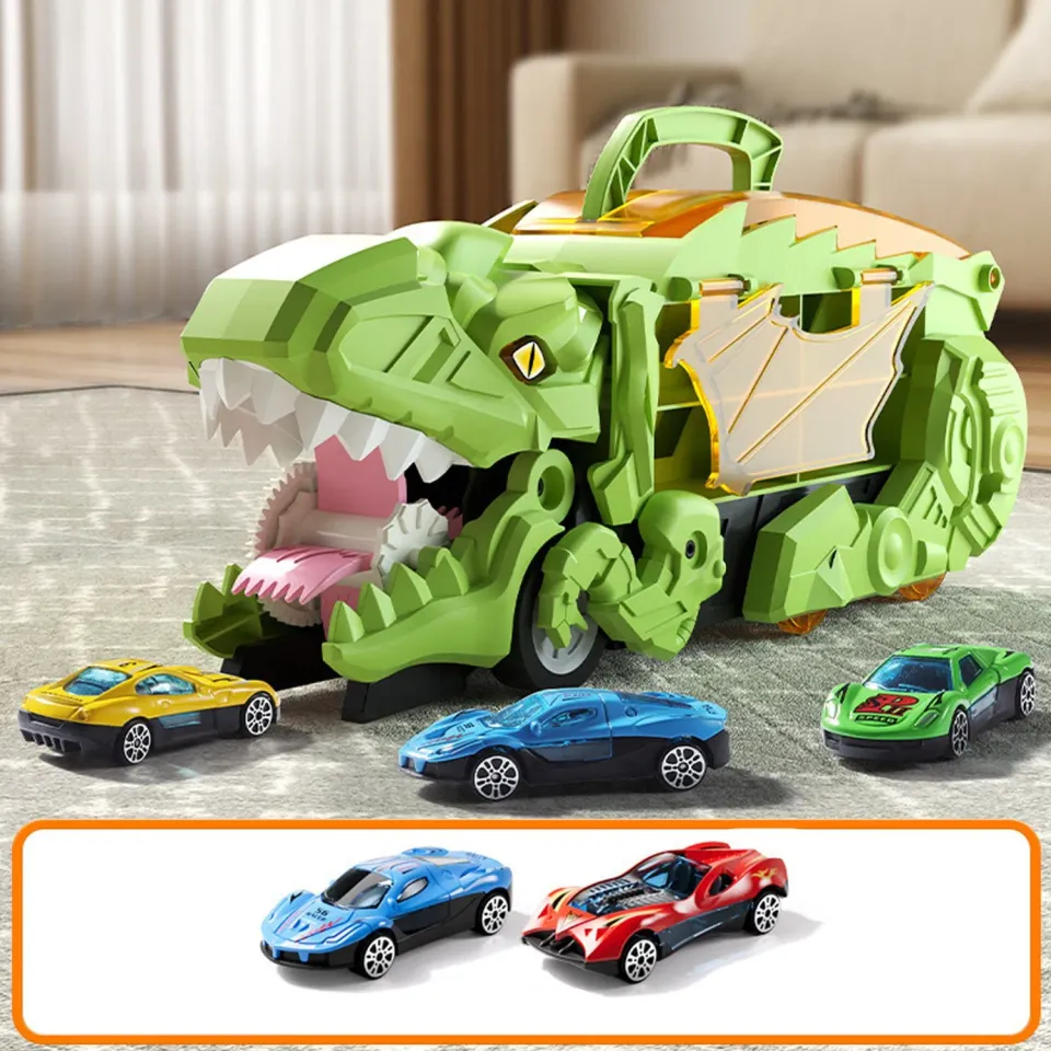 Timebox Dinozaur Transformabil 3 in 1 Verde cu 2 masinute