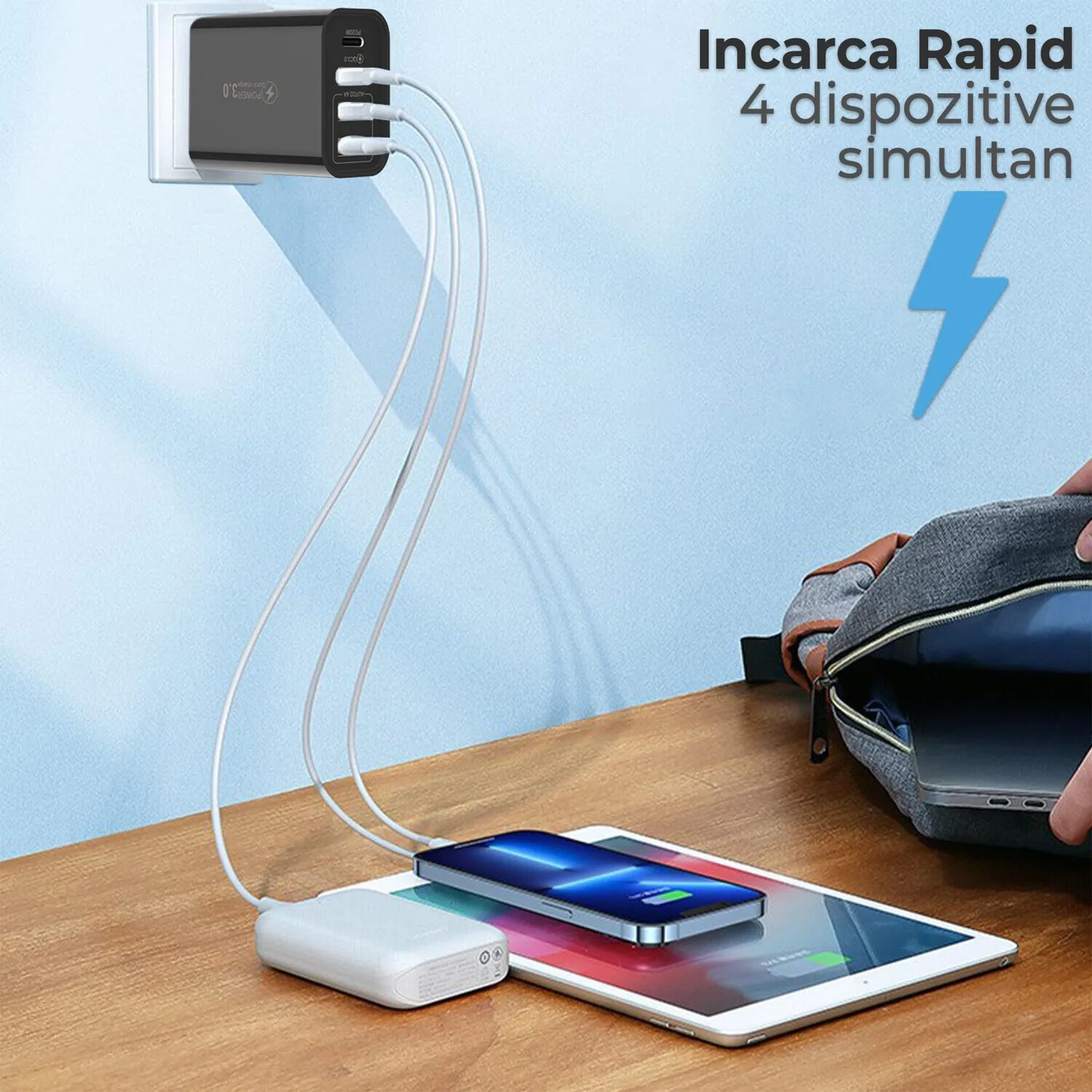 Timebox Incarcator Retea 20W 4 Porturi Quick-Charge Alb