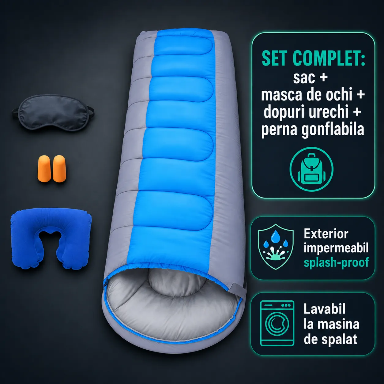 Timebox 1800g sac de dormit albastru set complet calduros