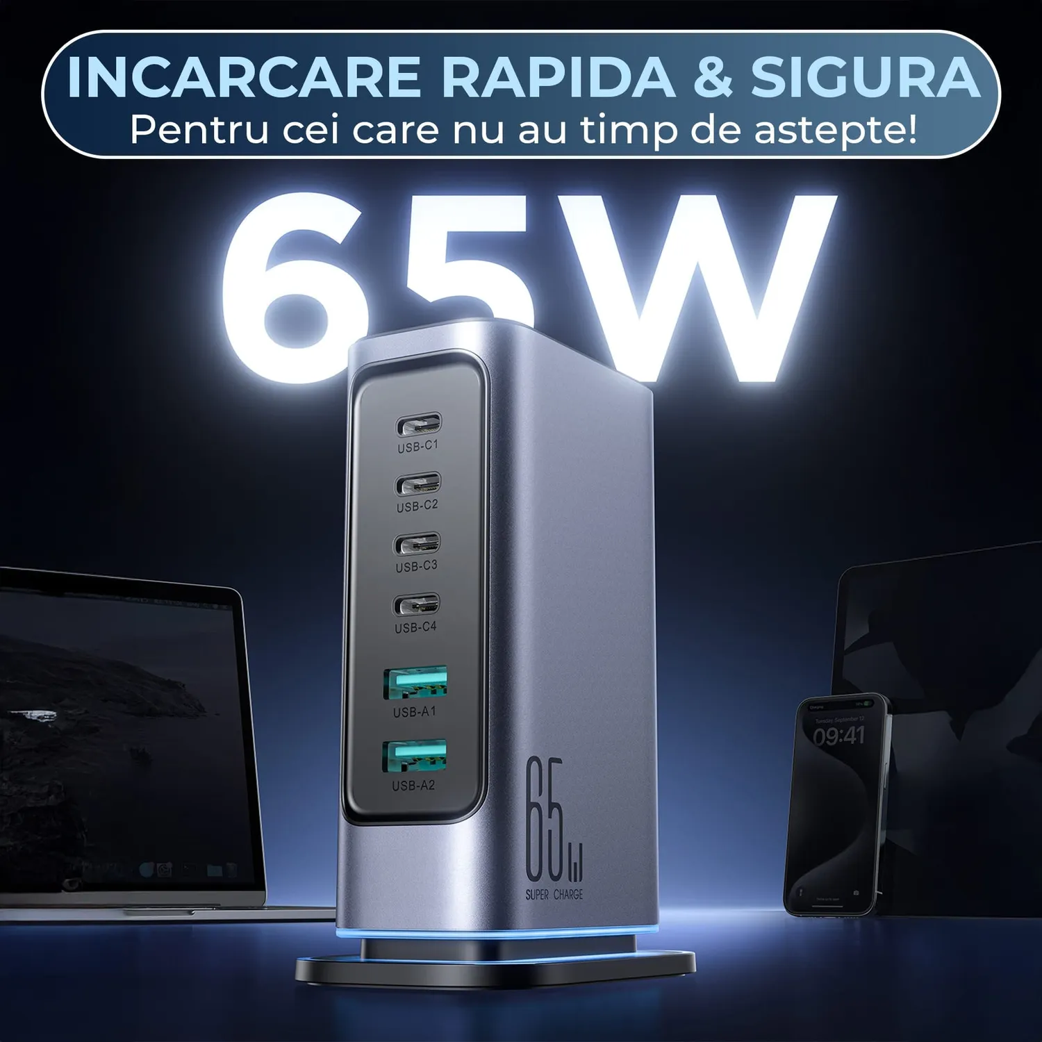 Timebox 65W incarcator retea 6 porturi negru