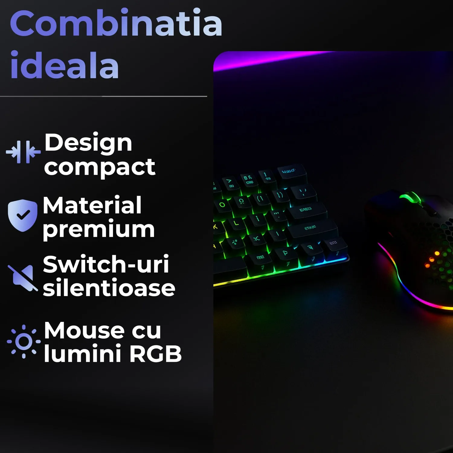 Timebox 60% pachet gaming wireless negru tastatura + mouse RGB
