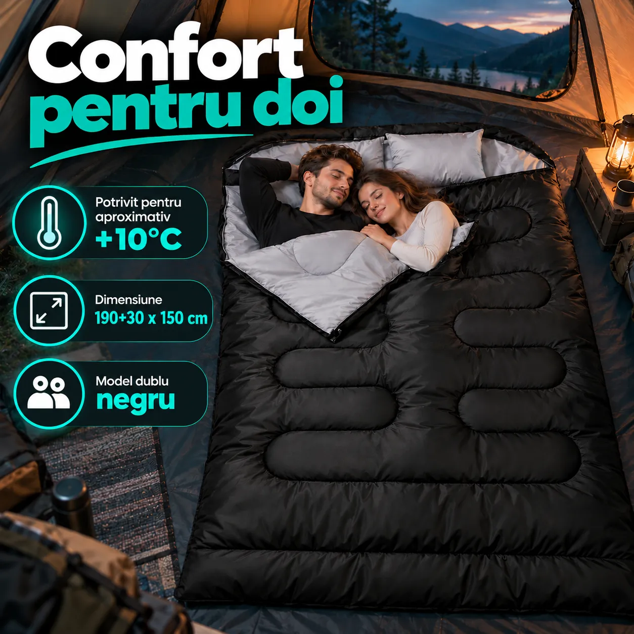Sac de dormit Timebox 10°C 150 cm negru dublu plic