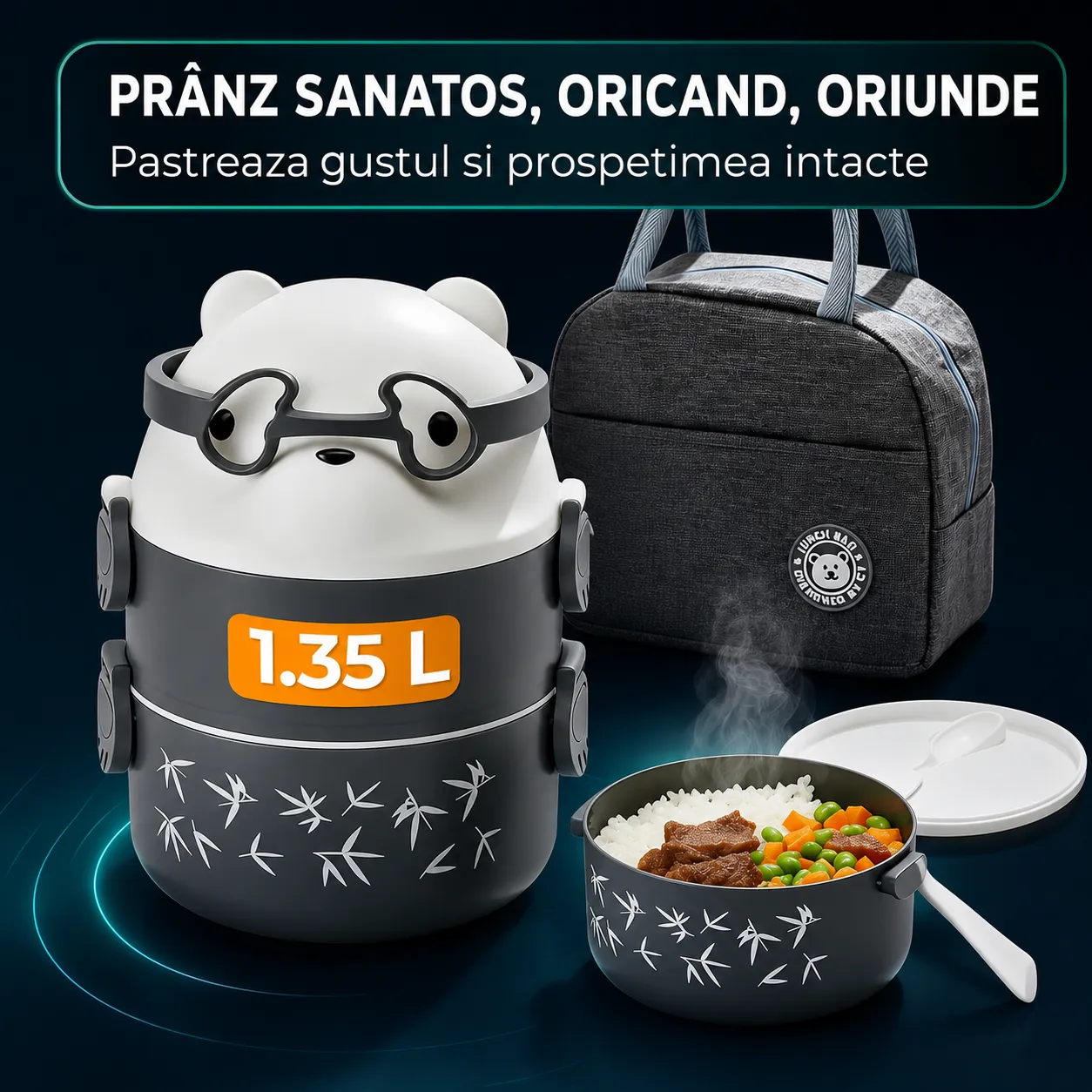 Timebox Caserolă prânz copii dublă gri 550ml+800ml cu geantă