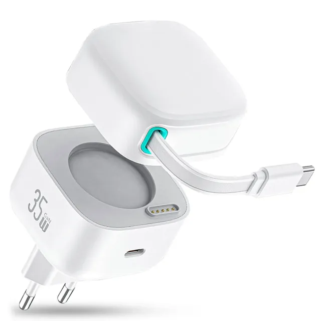 Timebox Incarcator Retea 35W 2x USB-C Cablu retractabil Alb