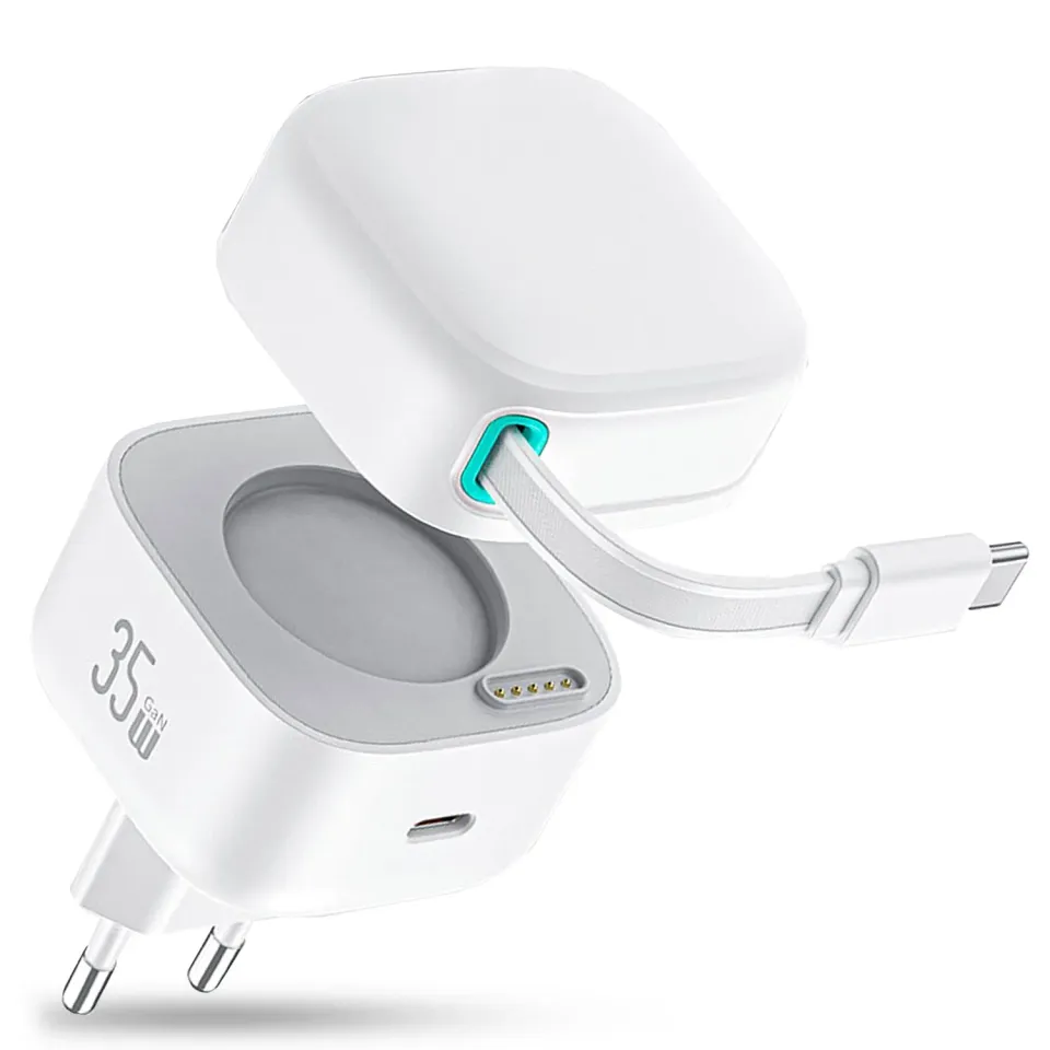 Timebox Incarcator Retea 35W 2x USB-C Cablu retractabil Alb