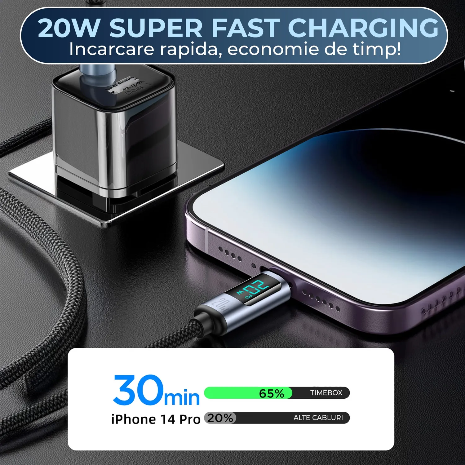 Timebox Cablu USB-C Lightning 20W Negru Display