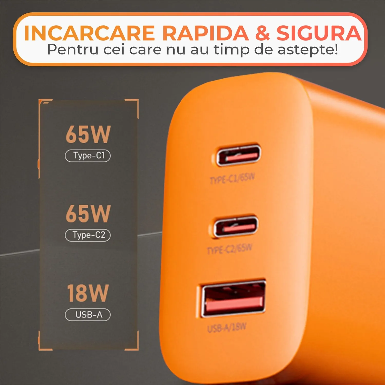 Timebox 65W 3 Porturi incarcator retea portocaliu