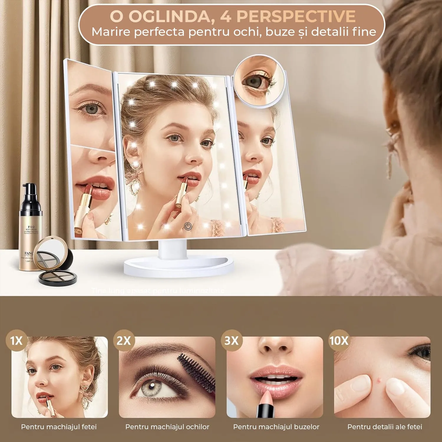 Timebox oglinda cosmetica LED 2X 3X 10X USB