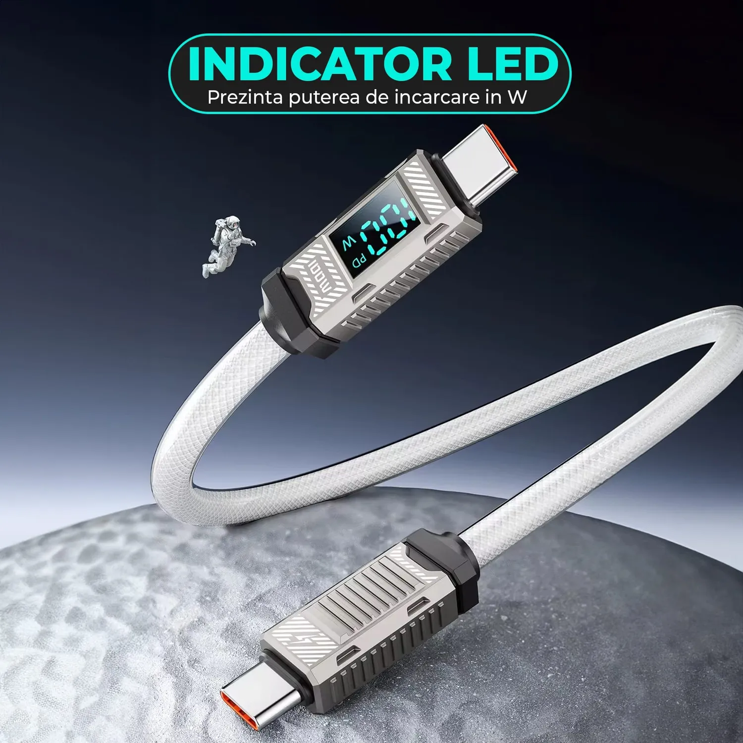 Timebox cablu USB-C la Type-C 100W 2m alb display