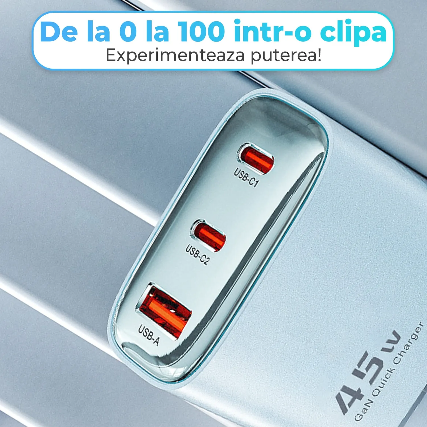 Timebox Incarcator Retea 40W 3 Porturi 2x Type-C Albastru