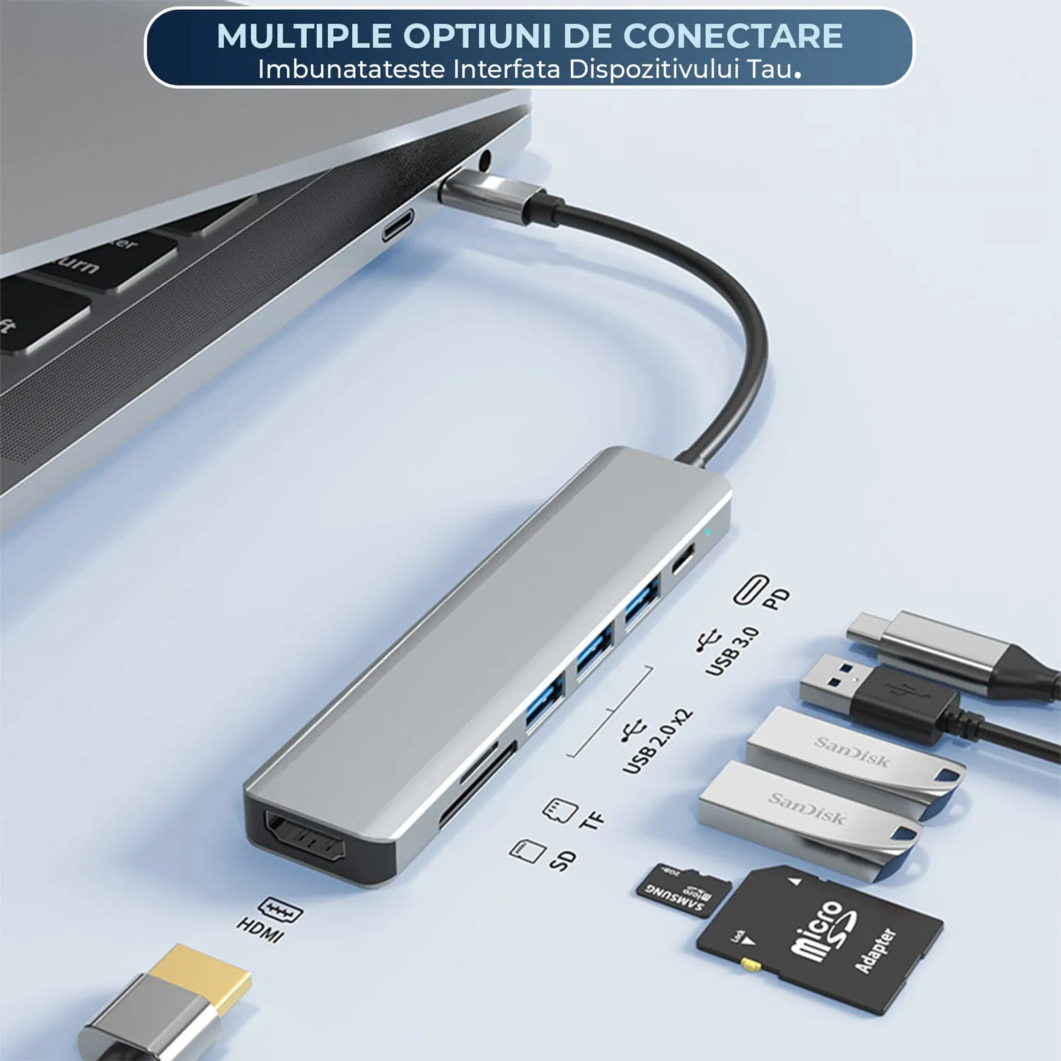 Timebox Hub USB 7 în 1 Type-C argintiu cu HDMI 4K