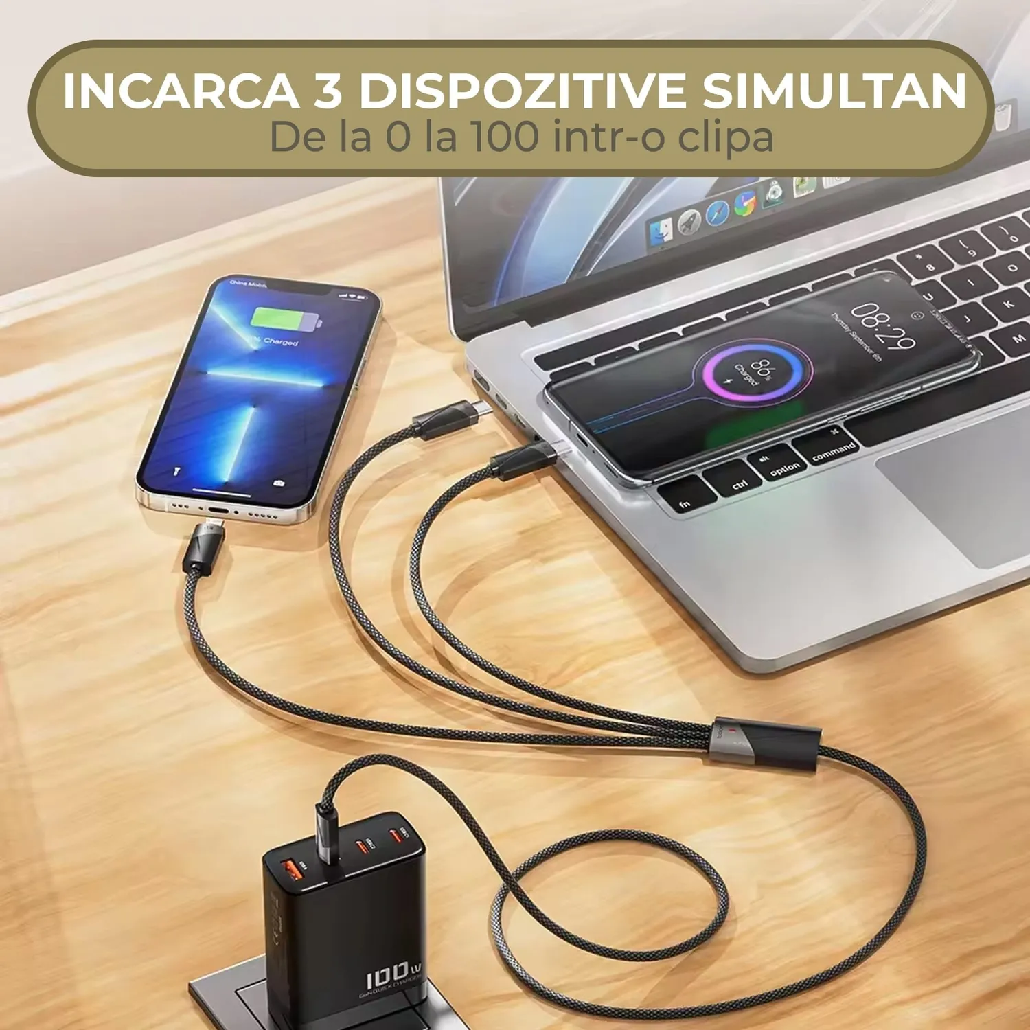 Timebox Cablu incarcare rapida 3 in 1 100W 1,2m negru