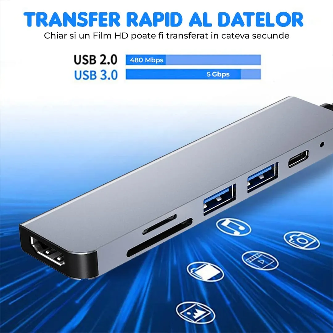 Timebox Hub USB 6 in 1 Type-C HDMI 4K Card Reader Argintiu