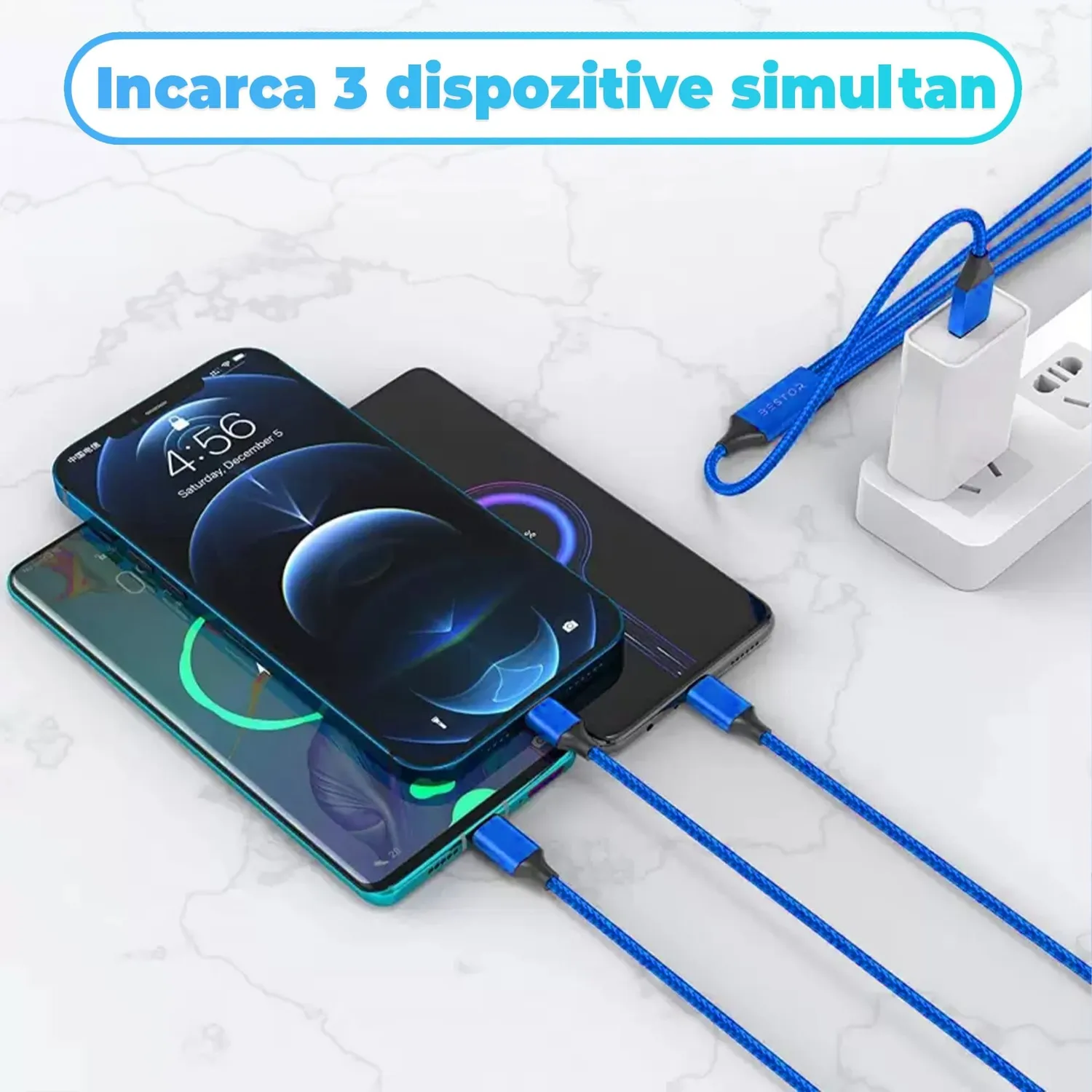 Timebox 3 in 1 cablu incarcare rapida 40W 1,2m albastru