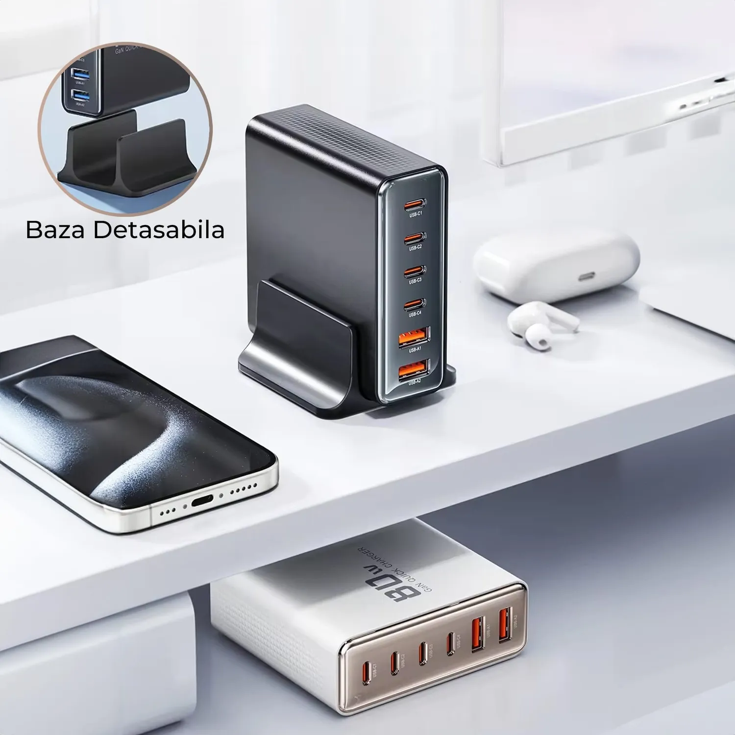 Timebox încărcător rețea 6 porturi 80W auriu 4x Type-C