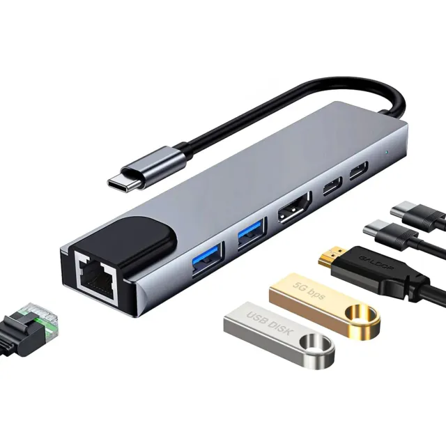 Timebox Hub USB 6 in 1 Type-C Ethernet Argintiu