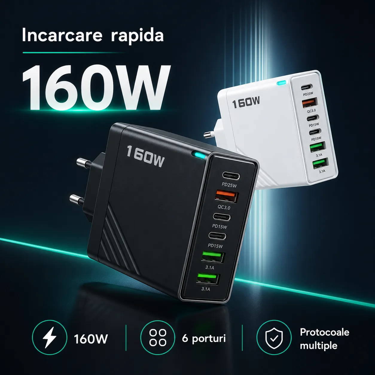 Incarcator retea Timebox 160W cu 6 porturi PD + QC3.0