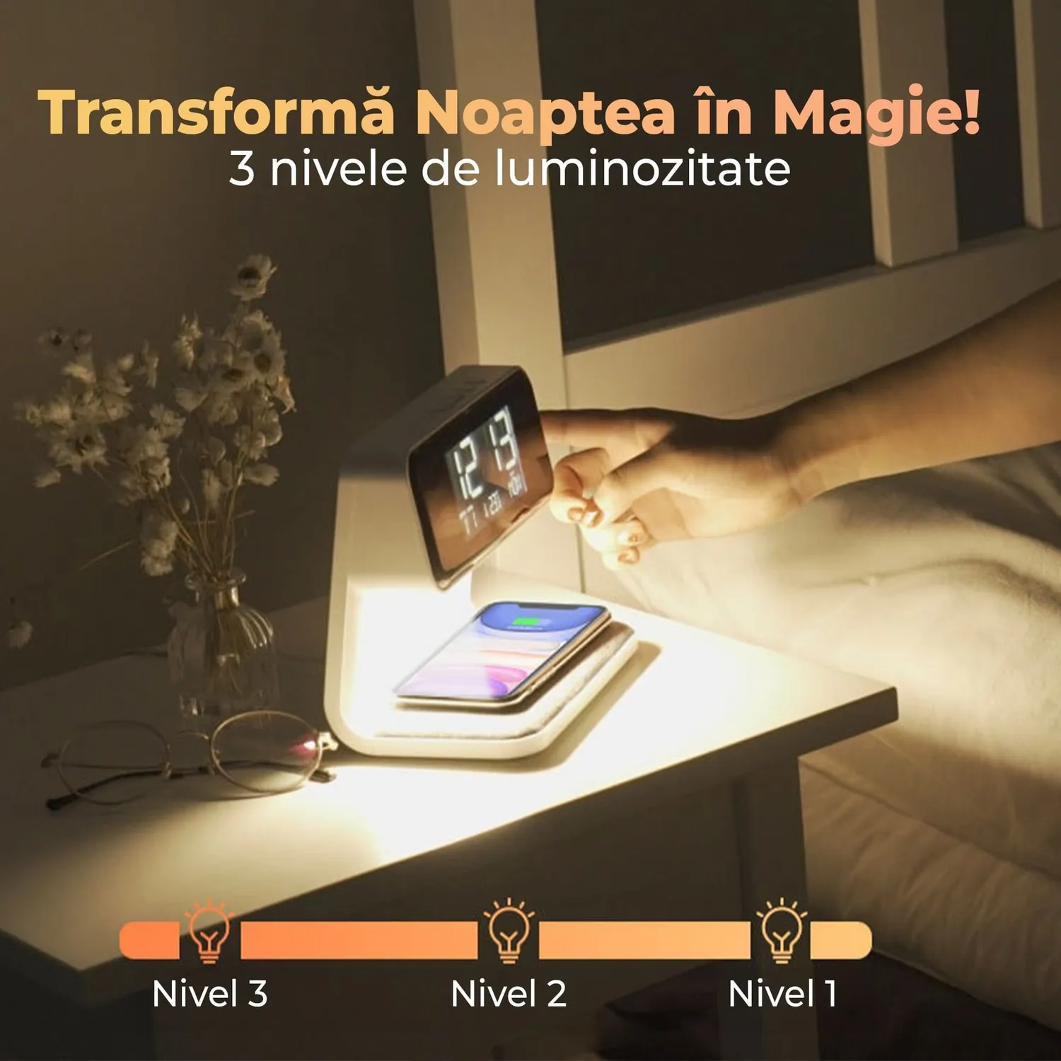 Timebox incarcator wireless 10W cu ceas alb