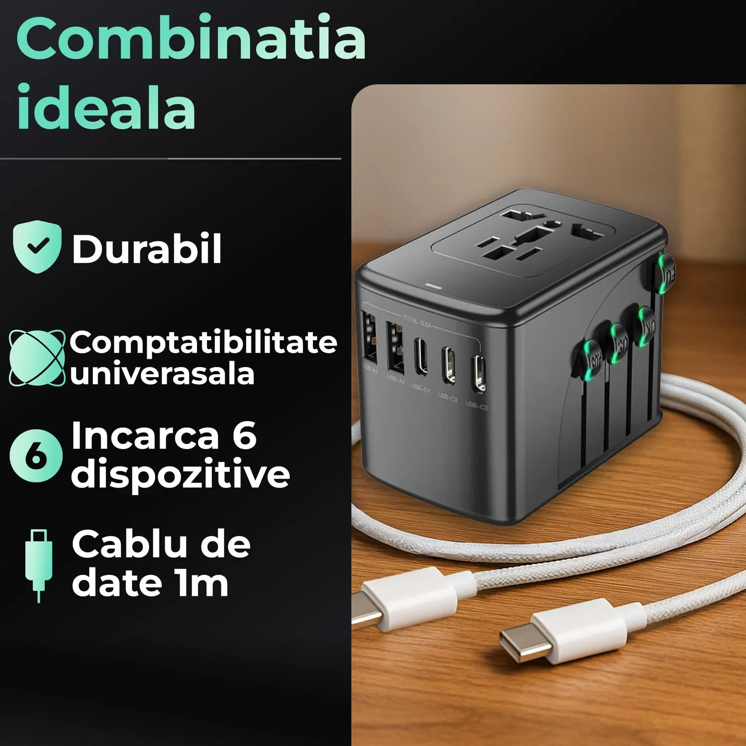 Timebox pachet travel adaptor universal + cablu 66W