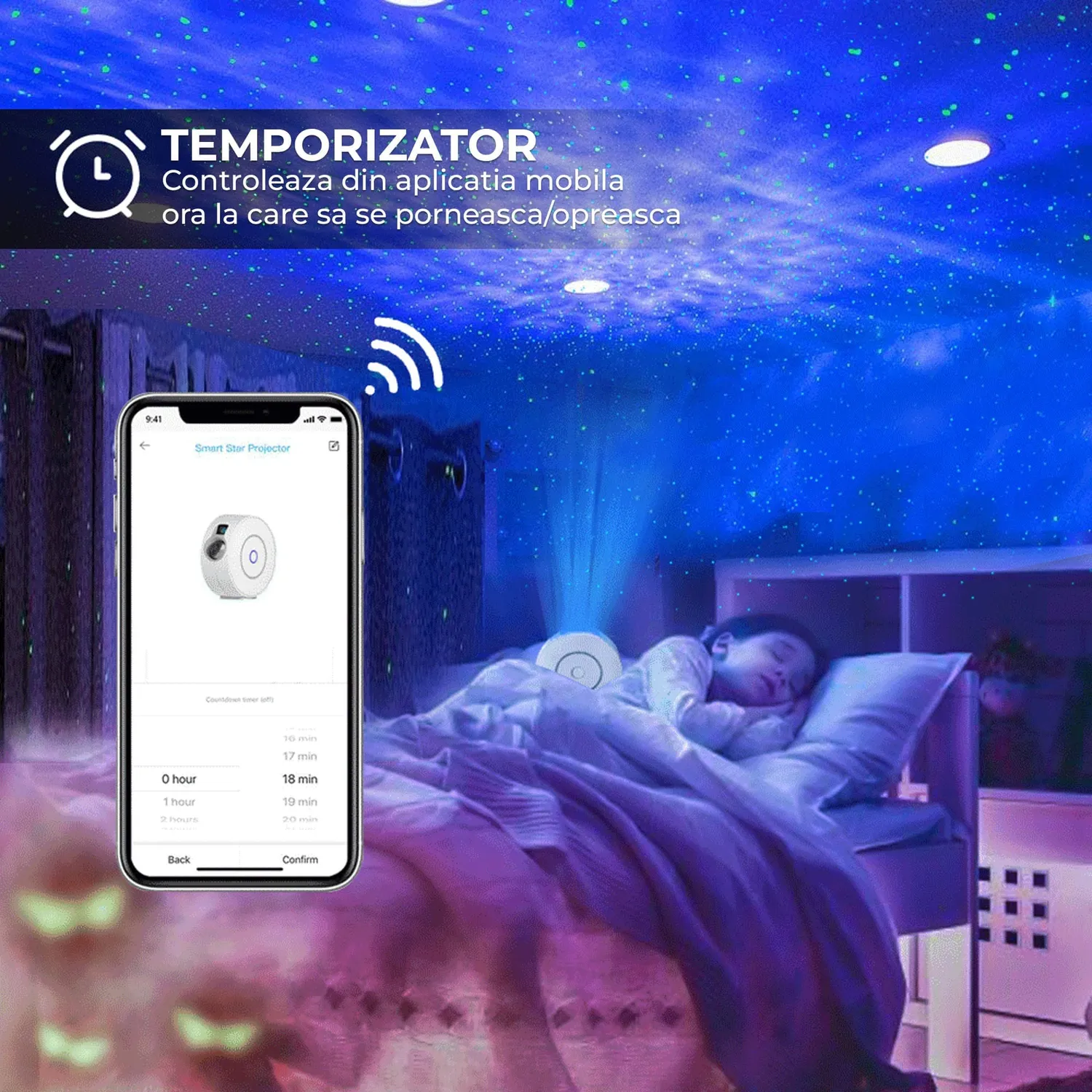 Timebox Proiector Stele lampă veghe Albă cu aplicație