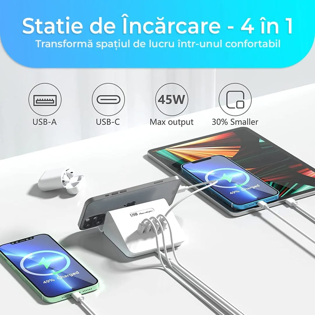 Timebox 45W 4 porturi încărcător rețea alb cu suport