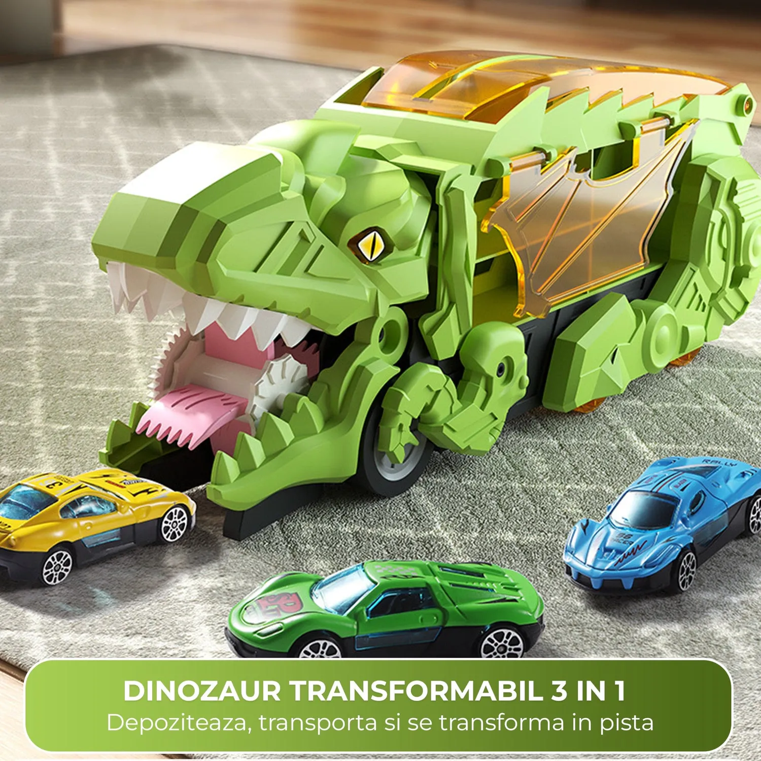 Timebox Dinozaur Transformabil 3 in 1 Verde cu 2 masinute