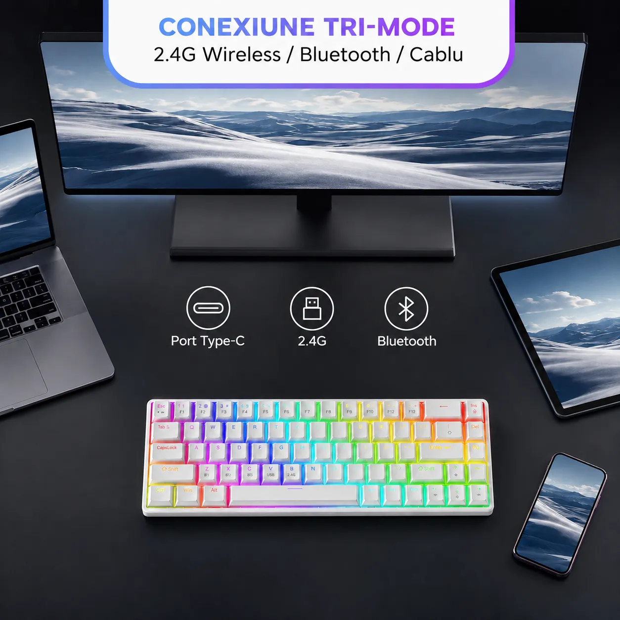 Timebox 60% tastatură gaming wireless albă red switch