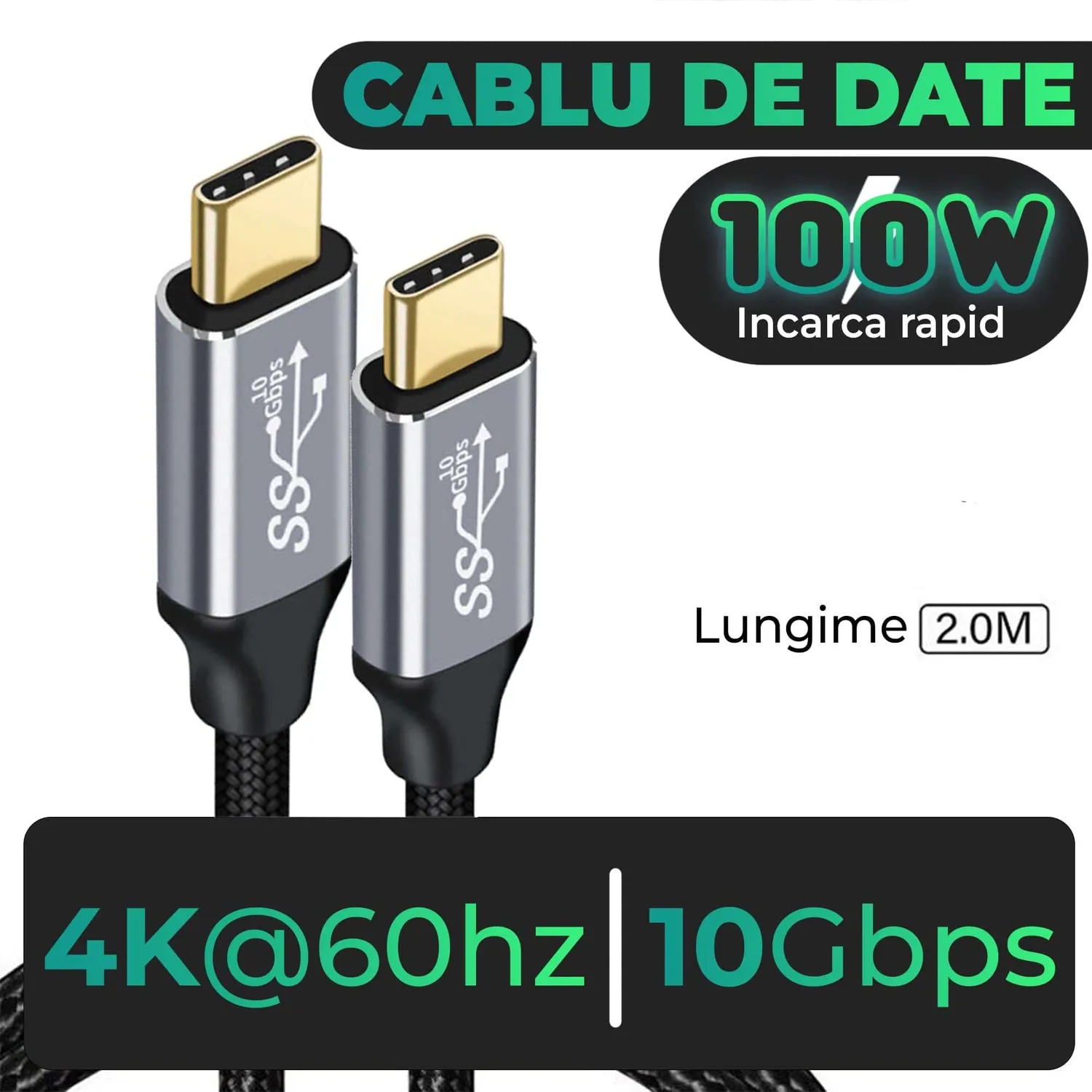 Timebox Cablu Type-C la Type-C 100W 2m USB 3.2 10Gbps