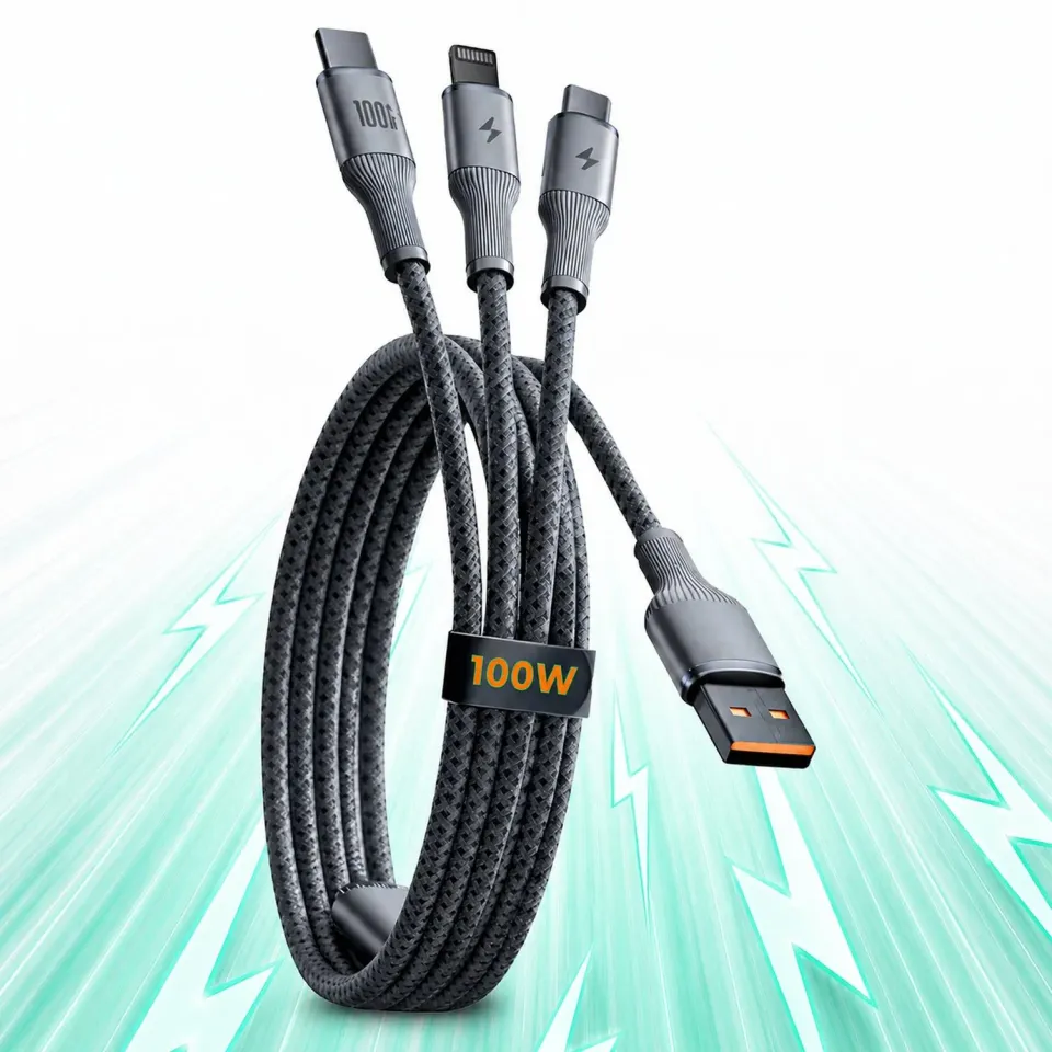 Timebox cablu 3 in 1 100W 1,5m negru Type-C Lightning