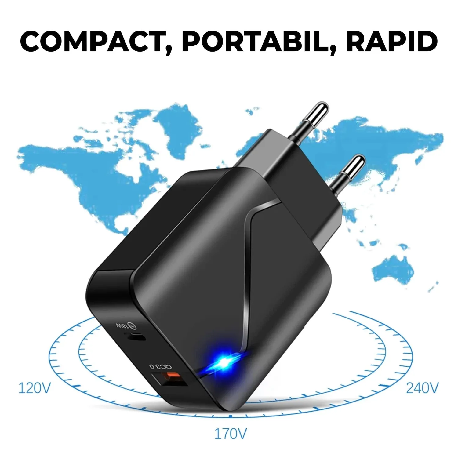 Timebox Incarcator Retea 20W Negru 2 Porturi USB Type-C LED