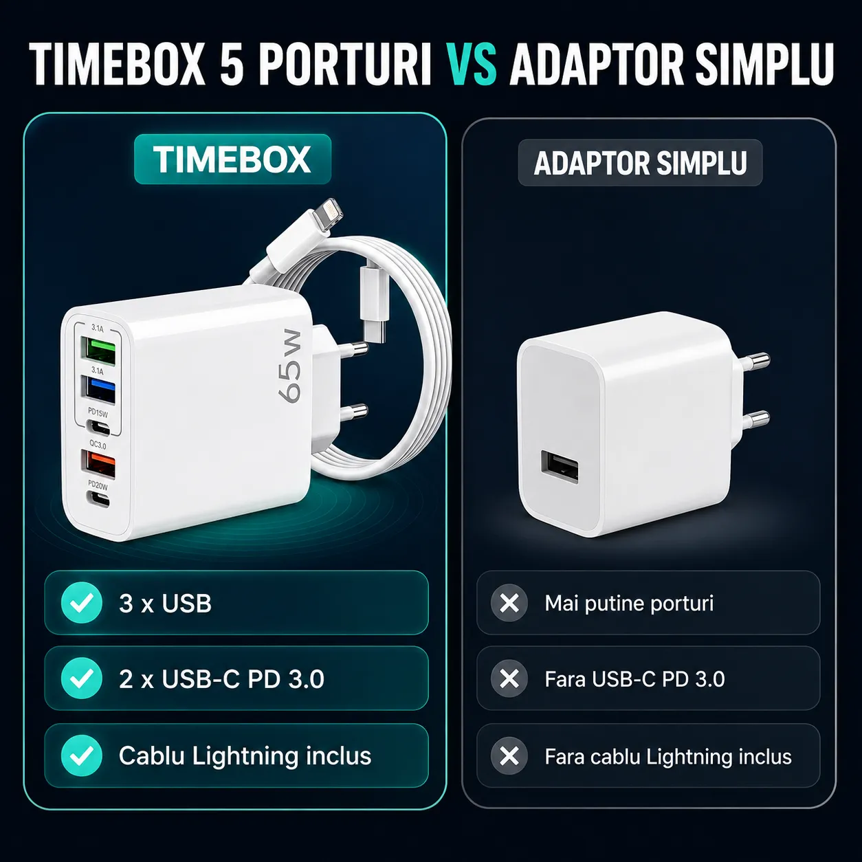 Statie Timebox incarcare 65W 5 porturi alb Lightning