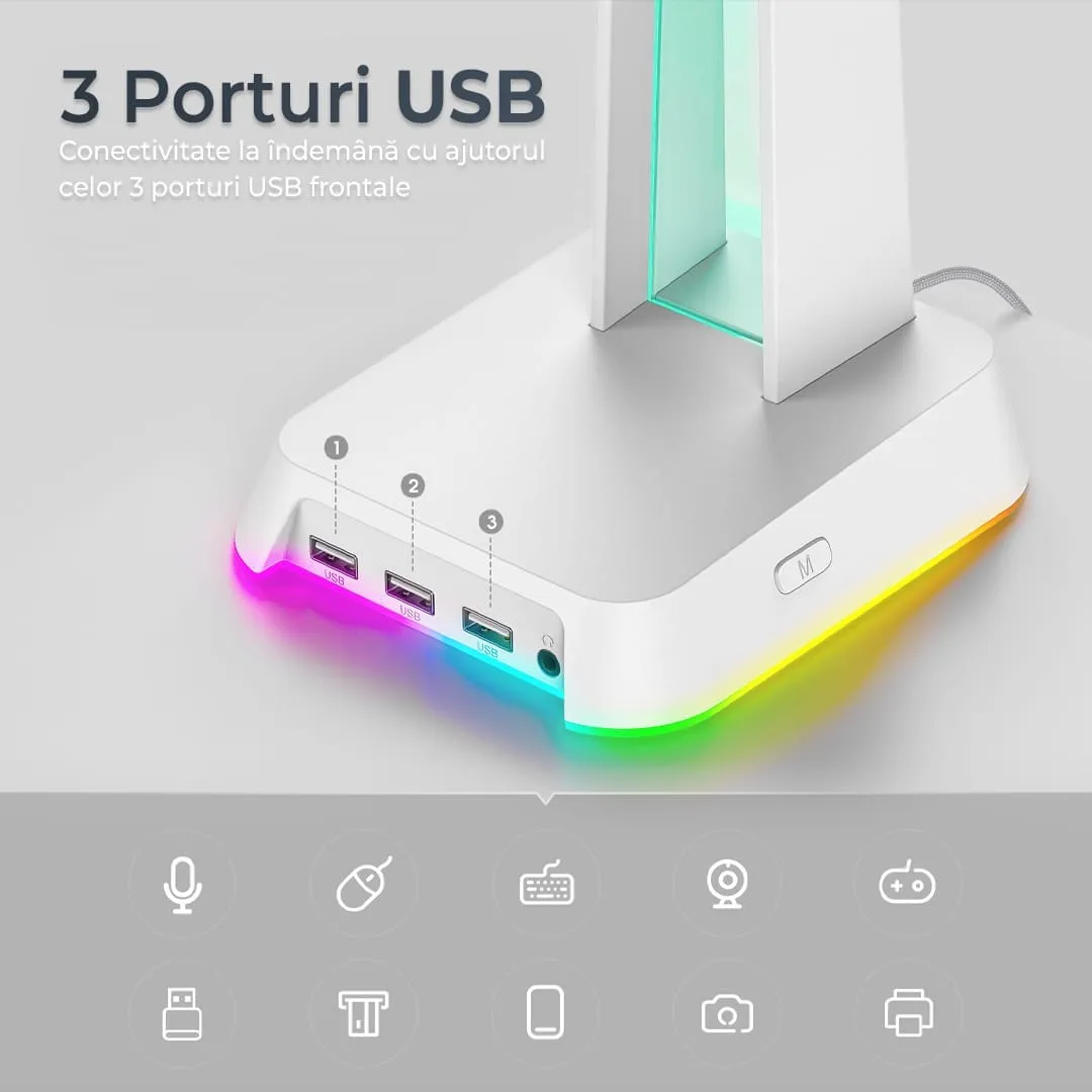 Timebox suport casti gaming RGB alb cu USB anti-slip