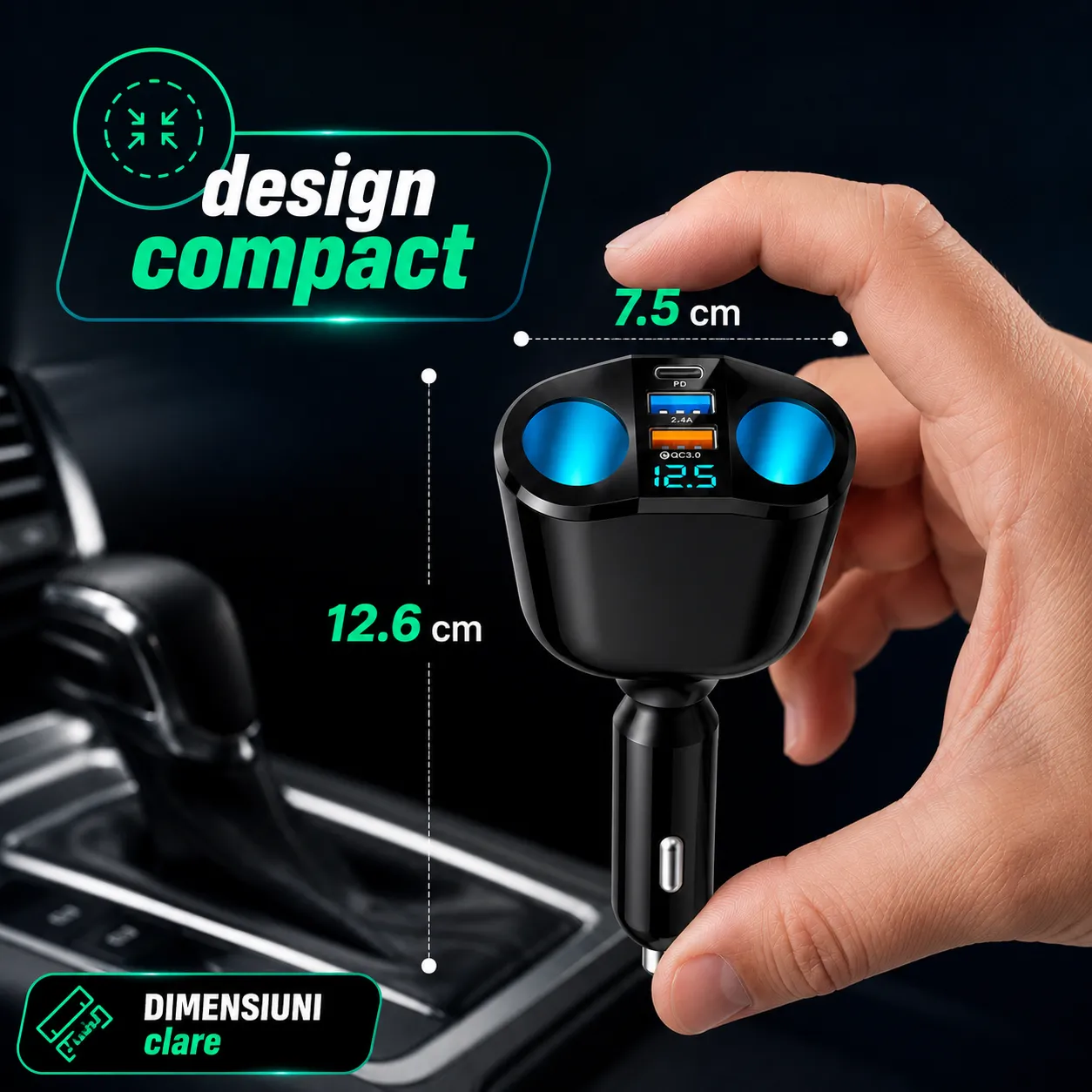 Adaptor auto Timebox 120W cu 2 prize și USB negru