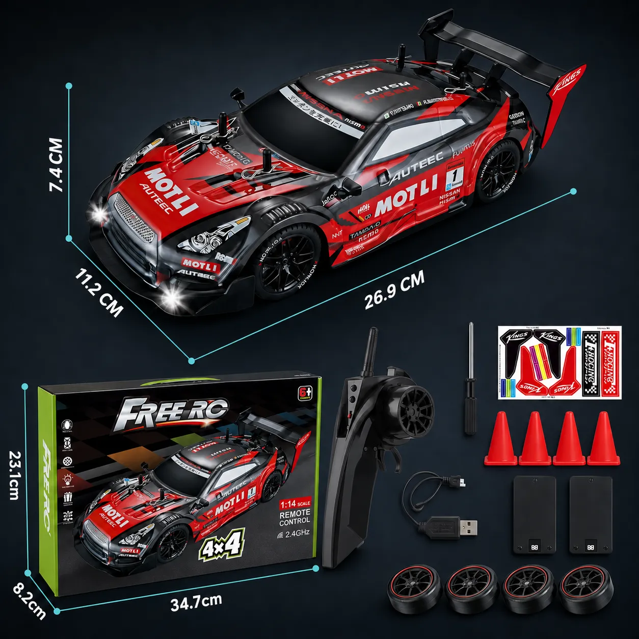Timebox Masina RC Drift 1:16 4x4 30km/h Negru-Rosu