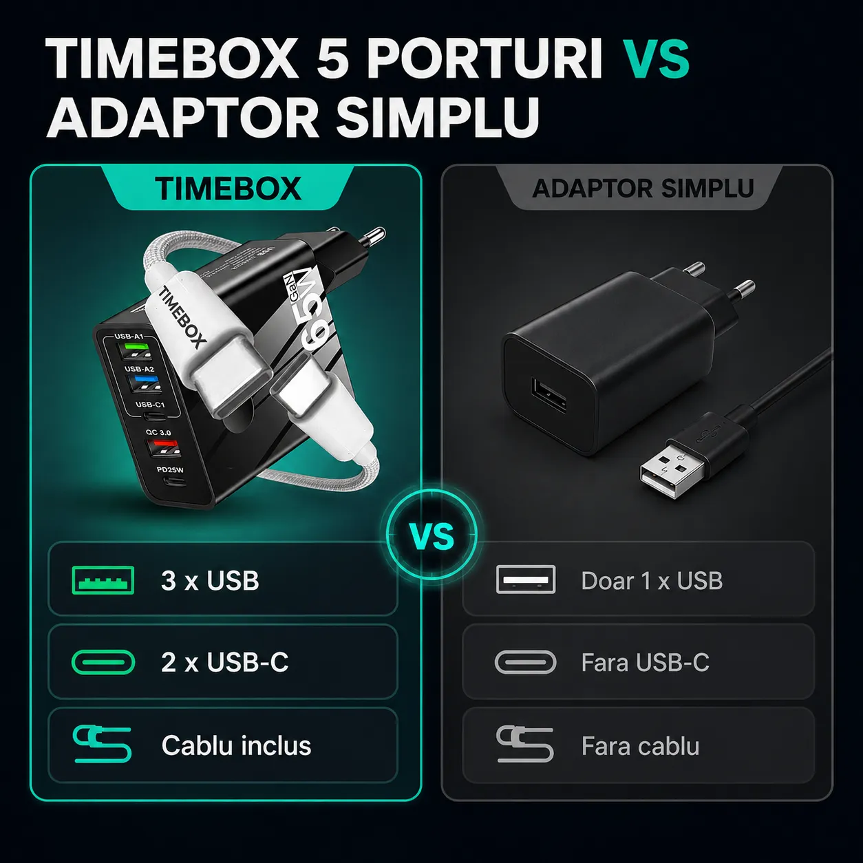 Timebox 65W incarcator retea alb 5 porturi rapid