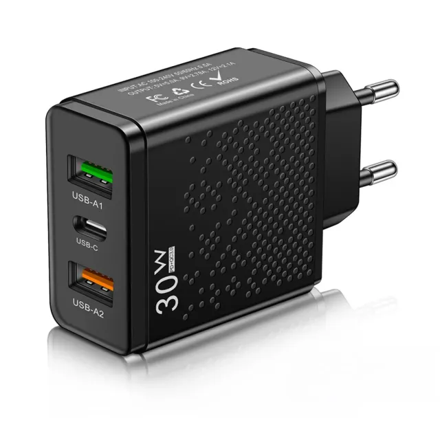 Timebox încărcător telefon 30W negru LED 3 porturi