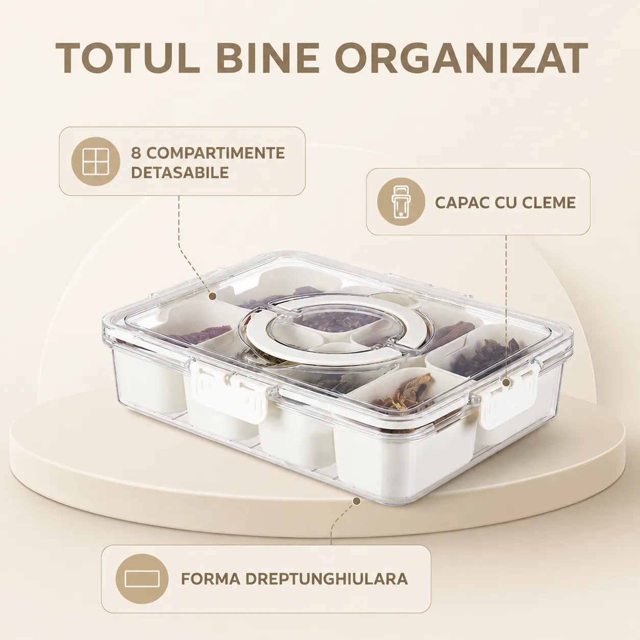 Timebox cutie pranz 8 compartimente bej 800-1000ml etansa