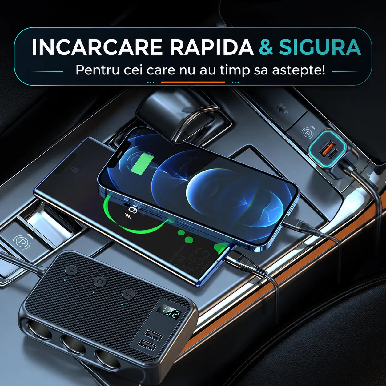 Timebox 9 in 1 171W adaptor auto negru afisaj LED