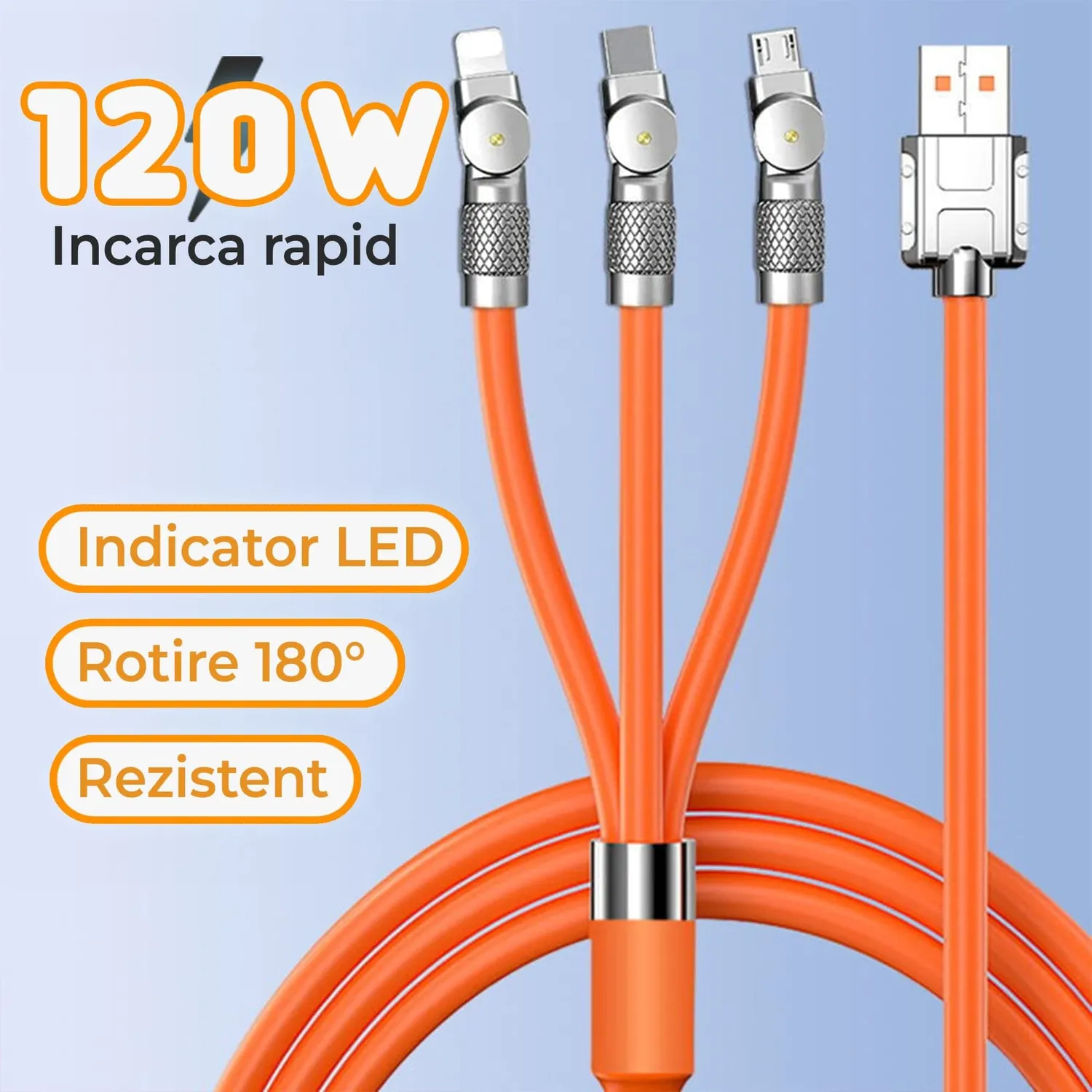 Timebox cablu 3 în 1 120W 1,2m portocaliu USB-C/Lightning